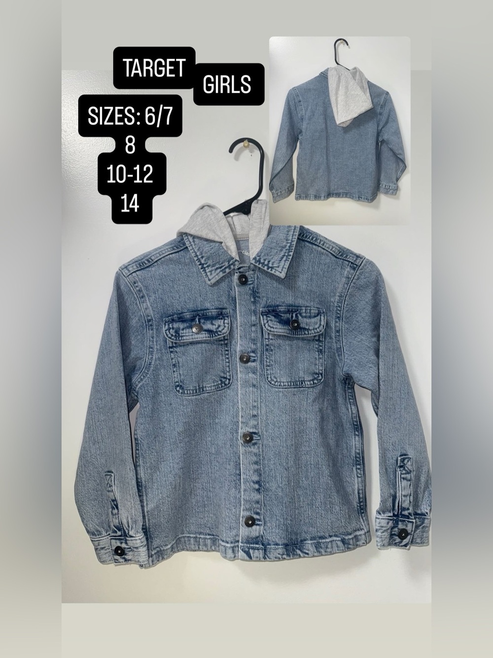 Target Girls Light Blue Denim Jacket with Grey Hood